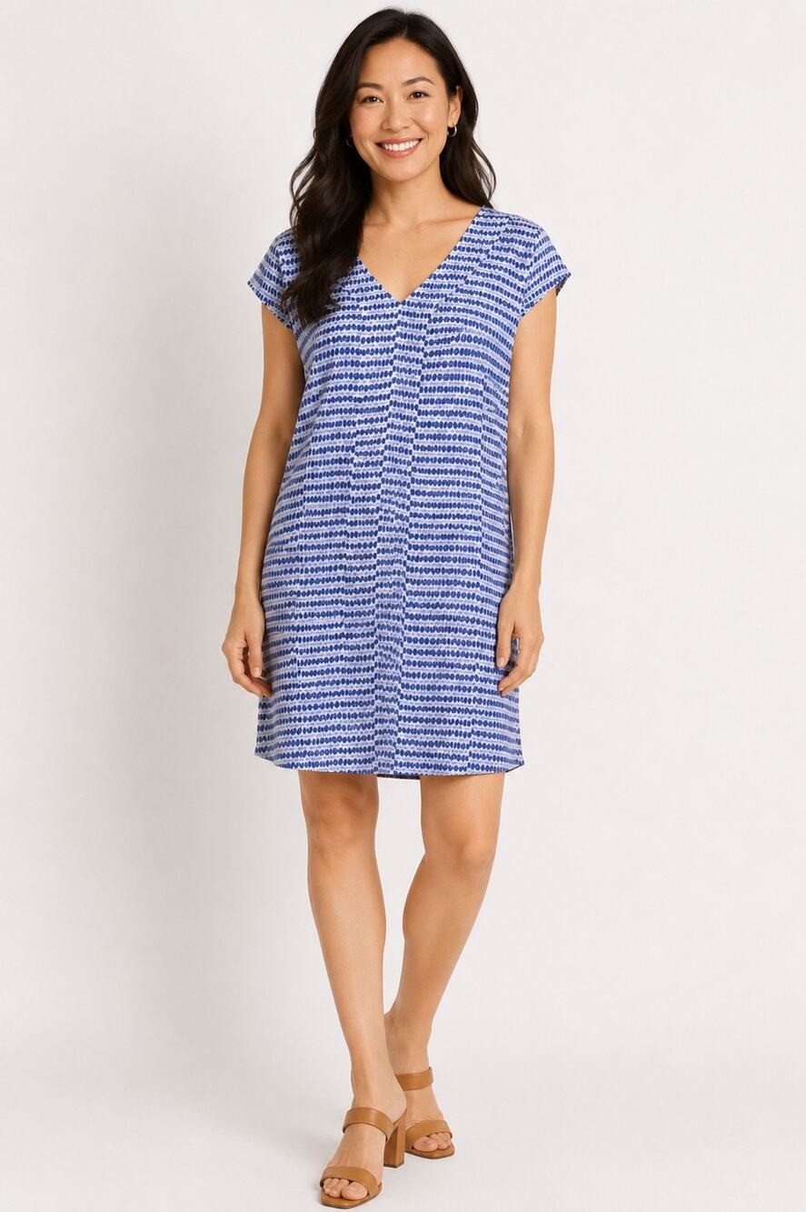 Tori Richard Honolulu Sz 4 Blue Print Short Sleeve Cotton Shift Dress